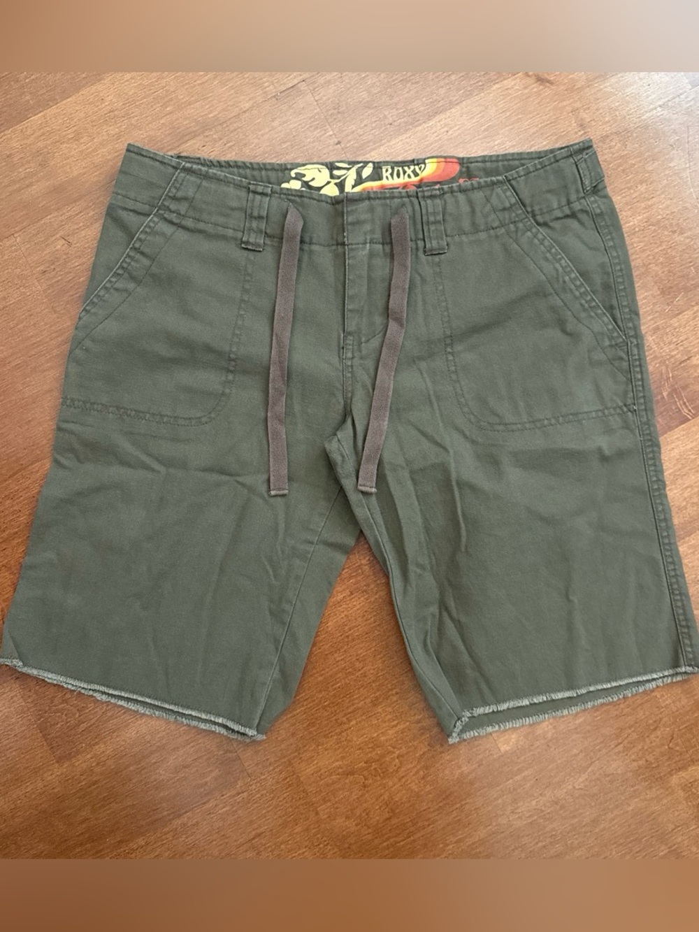Y2K Roxy Casual Low Rise Bermuda Shorts Brown Frayed Hem Drawstring Sz 9 Brown
